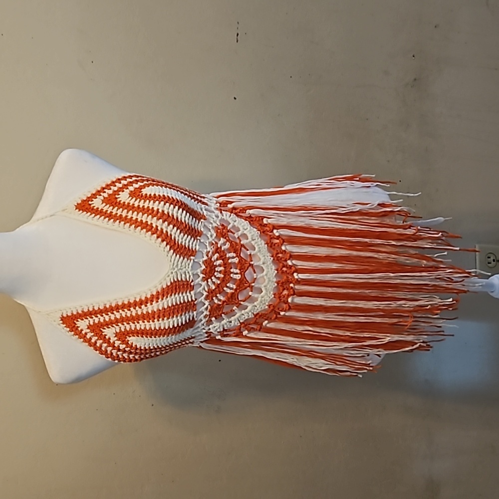 Hand Crafted Crochet Orange White Crop Top Fringe Summer - Picture 8 of 17